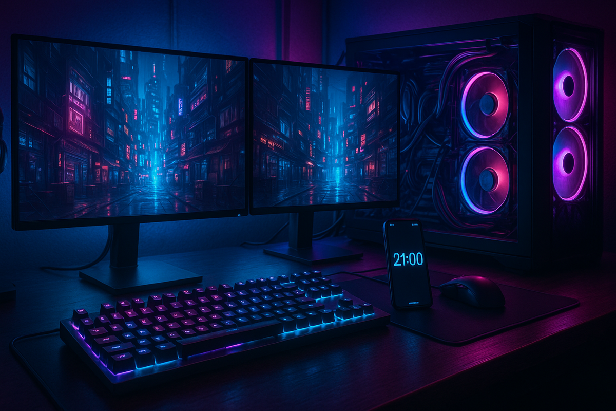 Dual-monitor neon-lit gaming setup with cyberpunk cityscape screens—late-night focus, elite gamer vibes, precision energy at 21:00