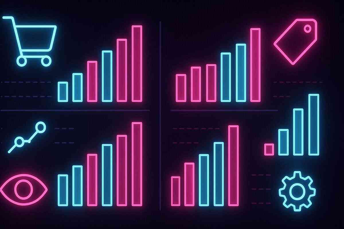 Colorful bar charts with shopping icons in neon—strategic data-driven buying insight, hype-fueled price tracking, analytical shopping thrill