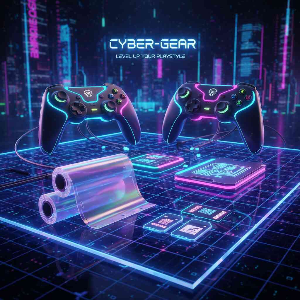 Futuristic gaming gear lineup glowing in neon—premium controllers, microSD cards, protective film, sleek accessories in a cyber showcase
