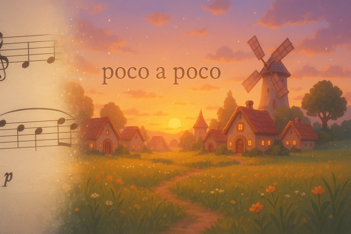 Cozy village sunset with musical notes and text poco a poco, golden countryside fields, rustic windmill, warm nostalgic vibes—gentle storytelling of title origin