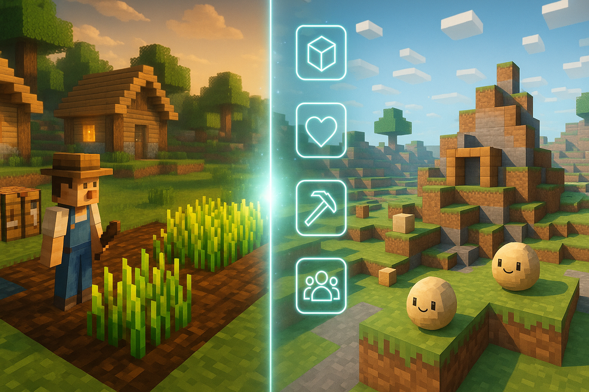Split-screen pixel art world of farming and sandbox adventure, glowing interface icons for building, friendship, mining, multiplayer—playful vibrant contrast of game genres