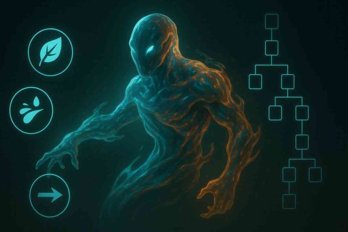 Dark glowing creature with mysterious aura, evolving skill tree icons, elemental powers in motion—dramatic transformation system guide with intense fantasy energy