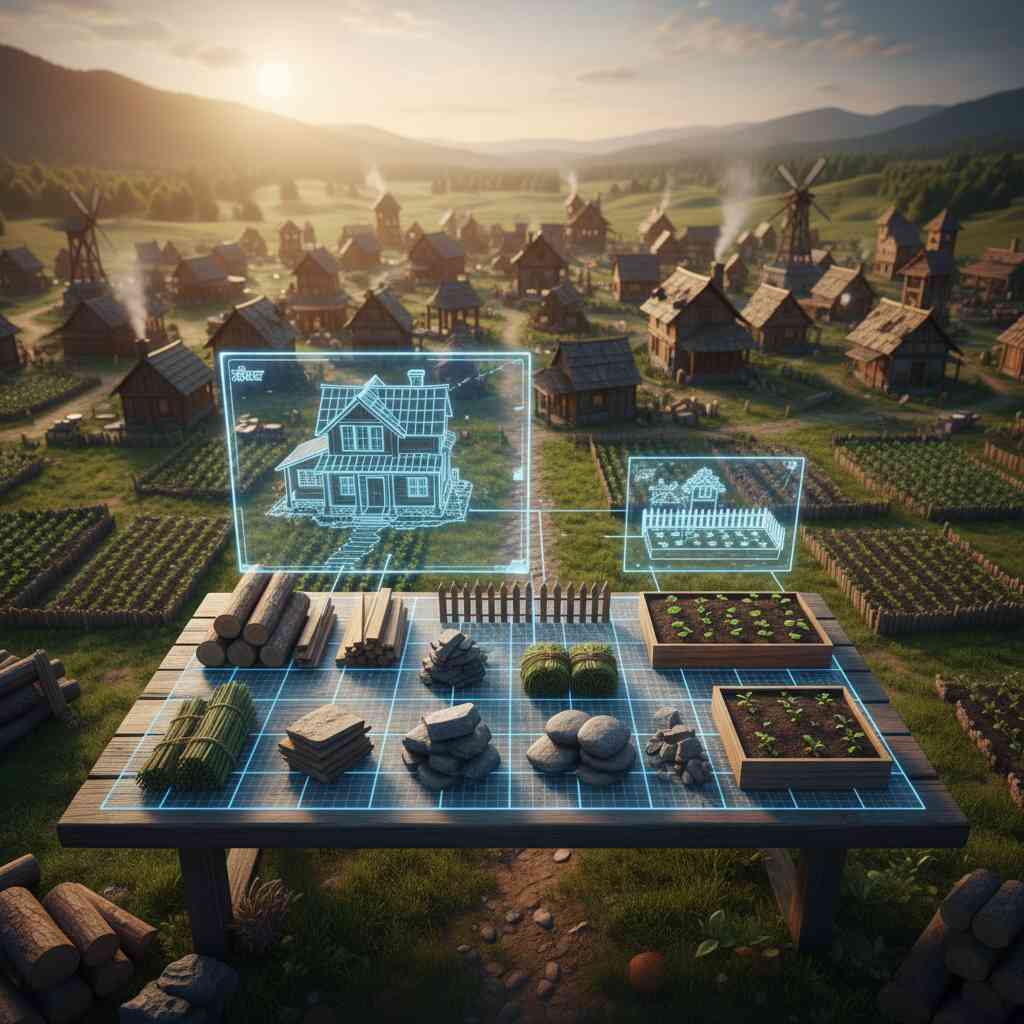 Cinematic top-down crafting table with glowing hologram blueprints, wood, stone, fiber neatly arranged—immersive creative world-building system showcase