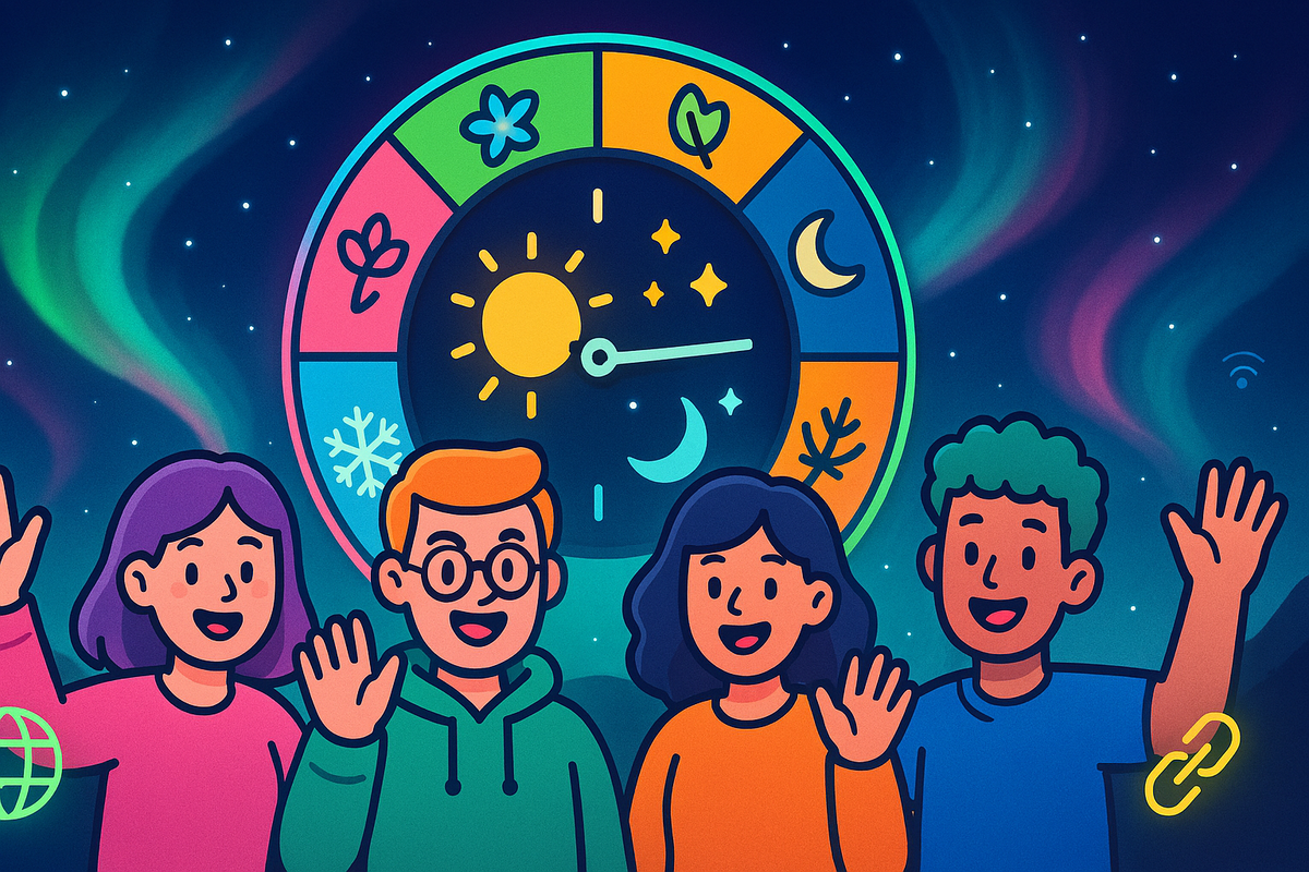 Colorful cartoon friends under starry aurora sky, time and season wheel glowing, multiplayer connection icons—warm community vibes of co-op play and real-time world