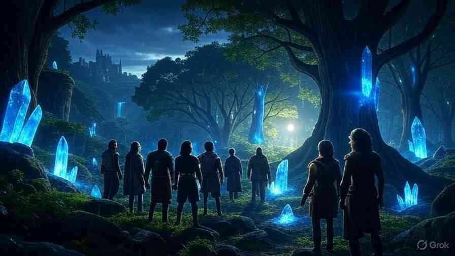 Adventurers standing under glowing blue crystals in an enchanted forest—mystical journey, awe and wonder, cinematic fantasy world