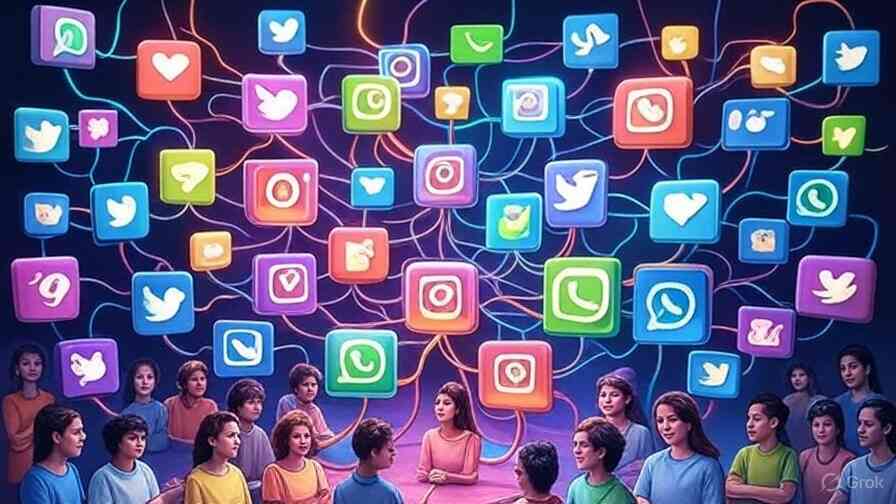 Social media icons swirling like a galaxy above a crowd—vibrant connections, global buzz, lively communication network energy