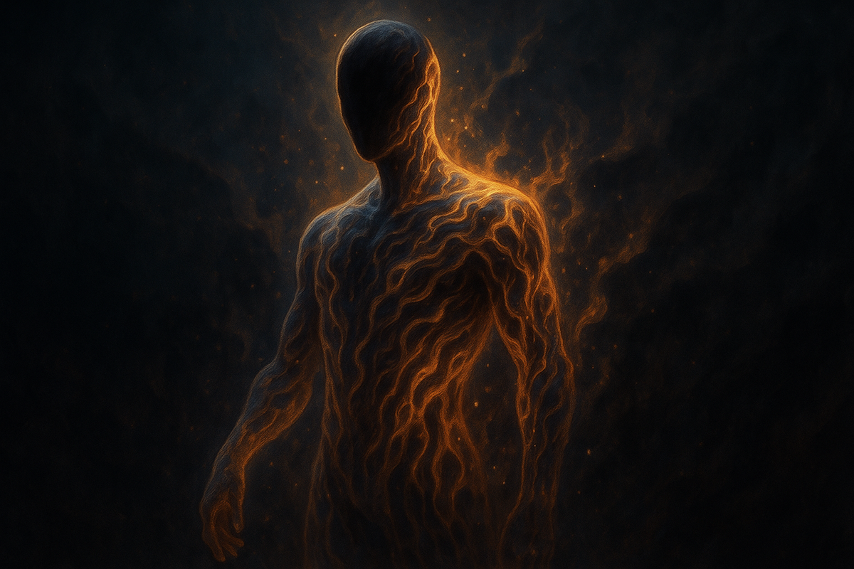 Mysterious glowing humanoid silhouette in swirling orange and black energy—intense power, eerie transformation, cinematic dark fantasy vibe