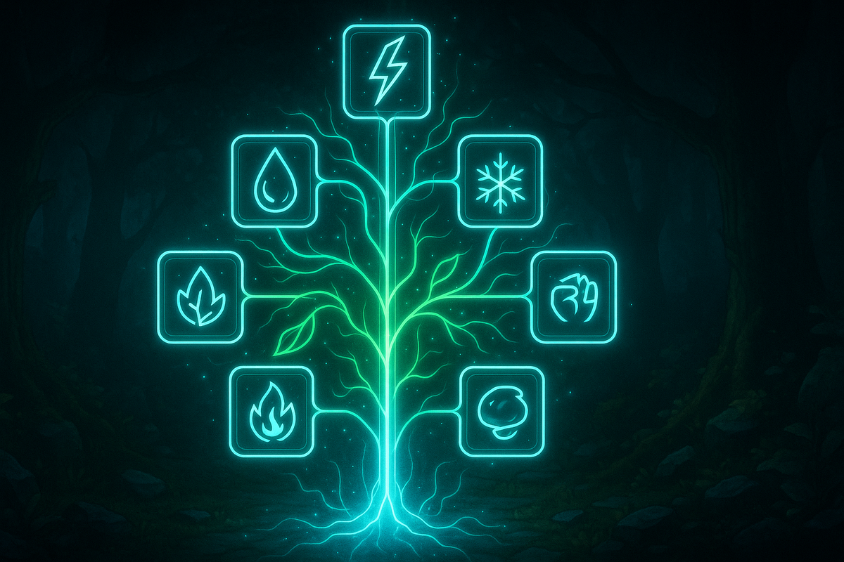 Glowing elemental skill tree in a mystical forest—electricity, fire, water, nature, and ice branches radiating magical neon energy