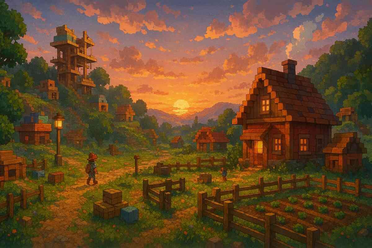 Pixel art sunset village with crops and scattered houses—serene nostalgic charm, cozy sandbox adventure, warm golden hour glow