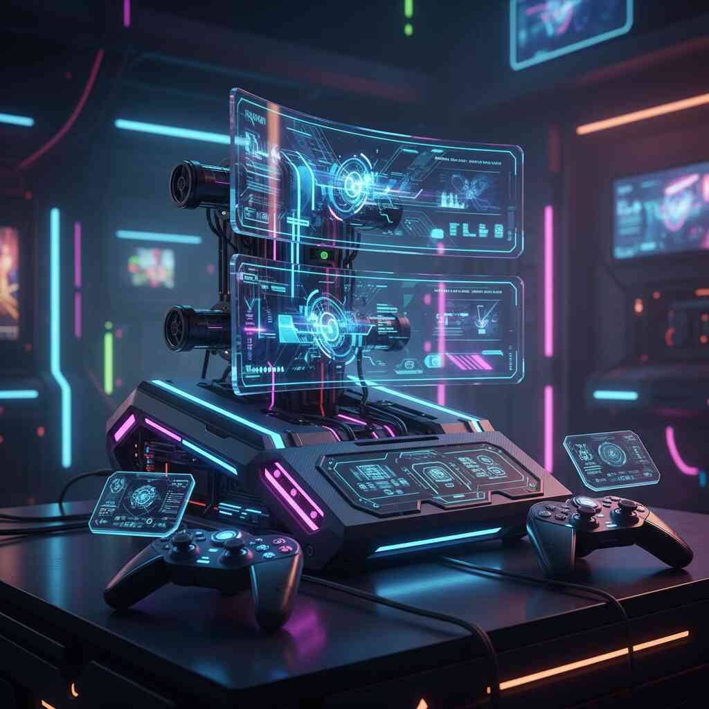 High-tech futuristic gaming console setup with neon holographic screens—next-gen innovation, cyberpunk aesthetic, competitive energy