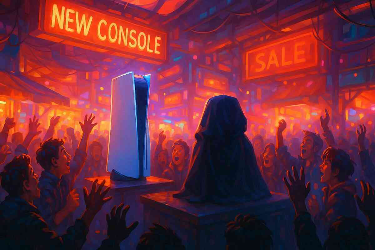 Frenzied midnight sale crowd reaching for a glowing next-gen console—intense launch day chaos, fiery excitement, and unmissable gaming rush