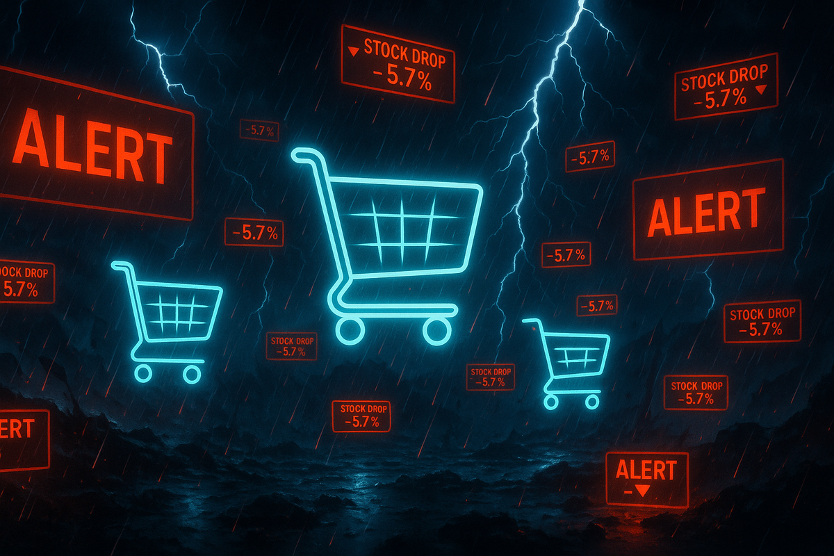Stormy neon shopping cart icons with red ALERT warnings—dramatic stock drop alert, thunderous urgency, market panic vibes
