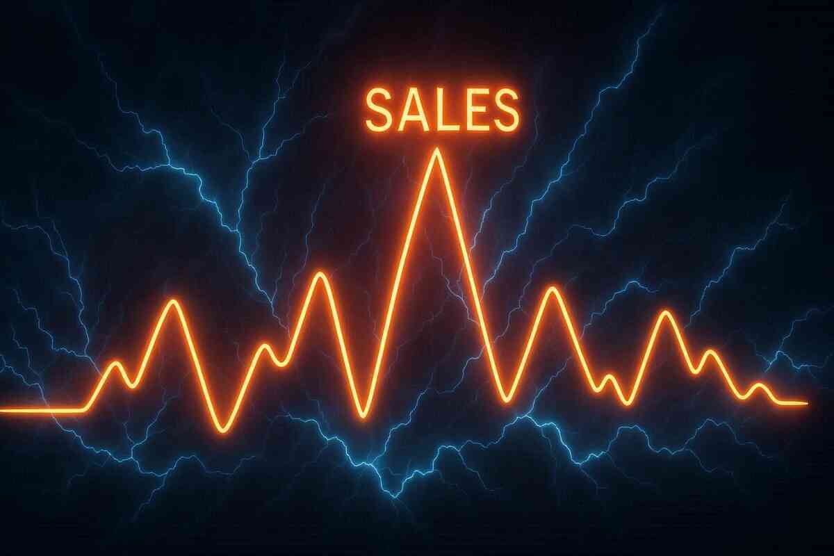 Glowing SALES line chart with lightning background—explosive trend spike, dramatic market heartbeat energy, high-stakes momentum