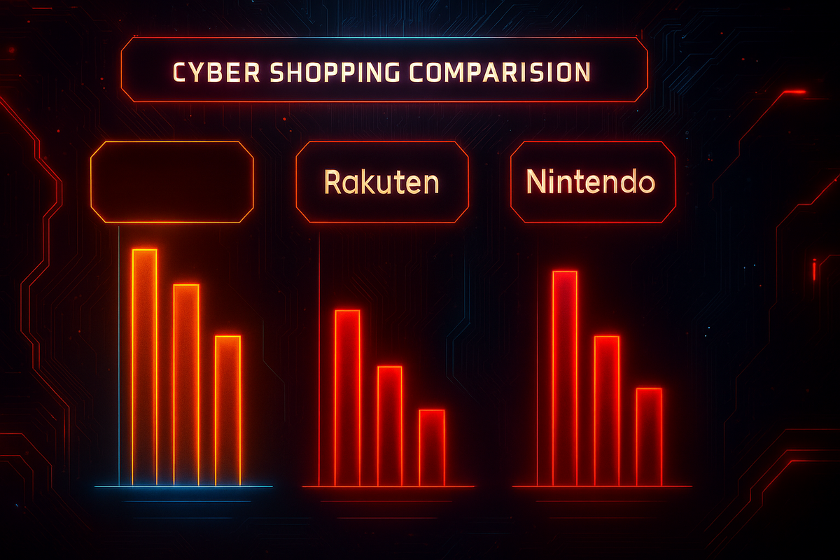 Futuristic digital dashboard comparing Amazon, Rakuten, Nintendo shop—neon analytics, sharp insights, glowing cyber retail battleground