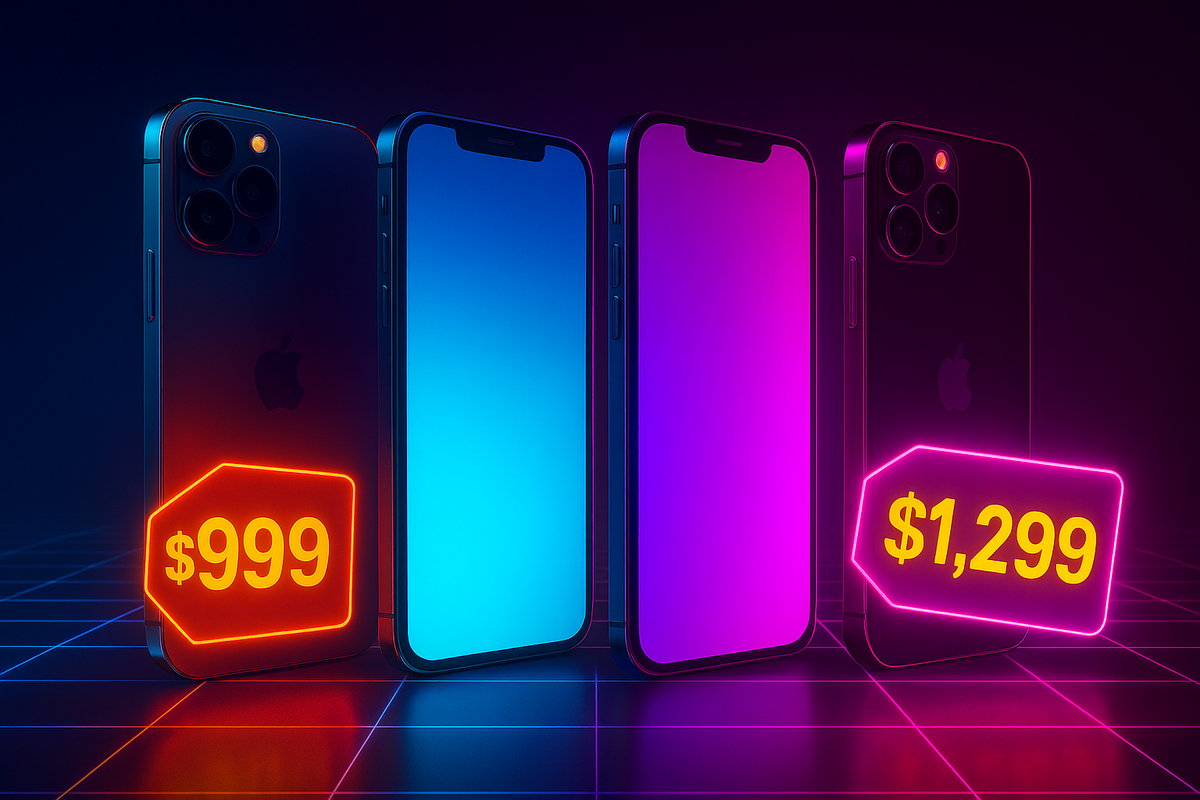 Side-by-side neon smartphones with bold $999 and $1,299 tags—electric comparison of premium iPhone models, high-stakes tech shopping glow