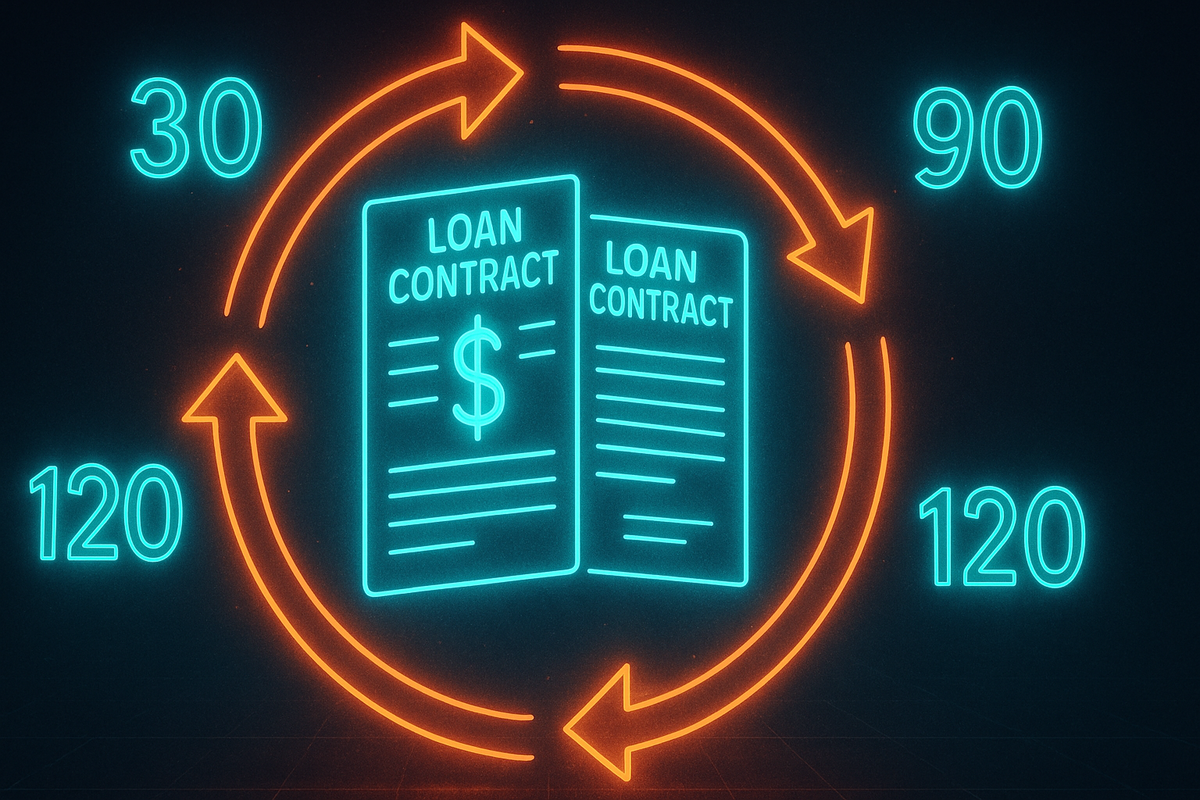 Glowing loan contract cycle with neon arrows and numbers—visualizing smartphone installment plans, futuristic finance energy, upgrade tension
