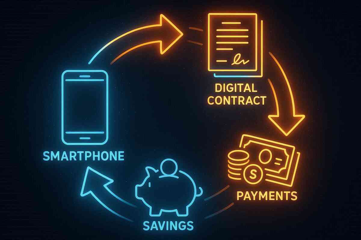 Neon cycle of smartphone, contract, payments, and savings—powerful infographic of upgrade programs, cash flow, and cost management strategy