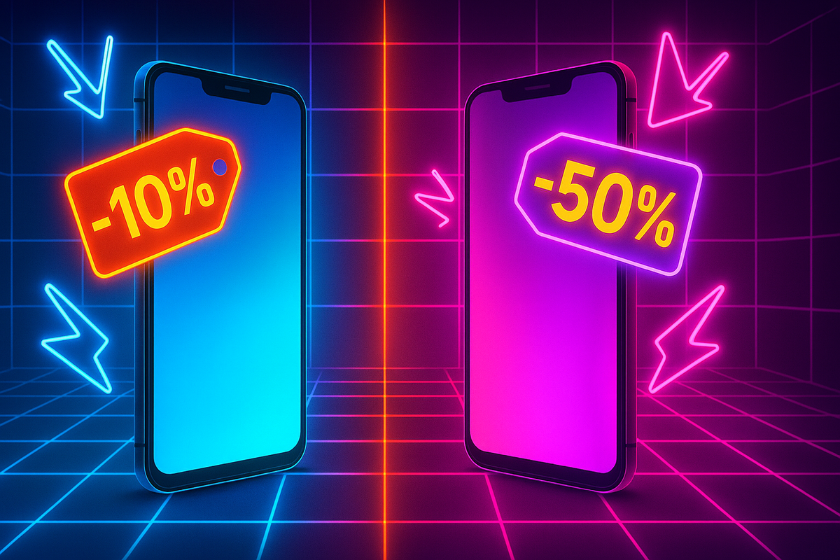 Blue and purple glowing phones with -10% and -50% tags—flashy discount energy, futuristic shopping heat, electrifying bargain comparison