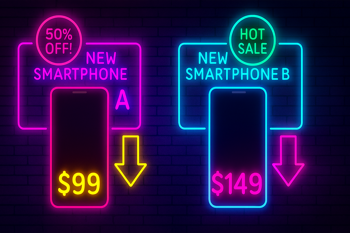 Vivid neon smartphone signs with $99 vs $149 prices—retro cyberpunk sale vibes, glowing deal showdown, irresistible upgrade temptation