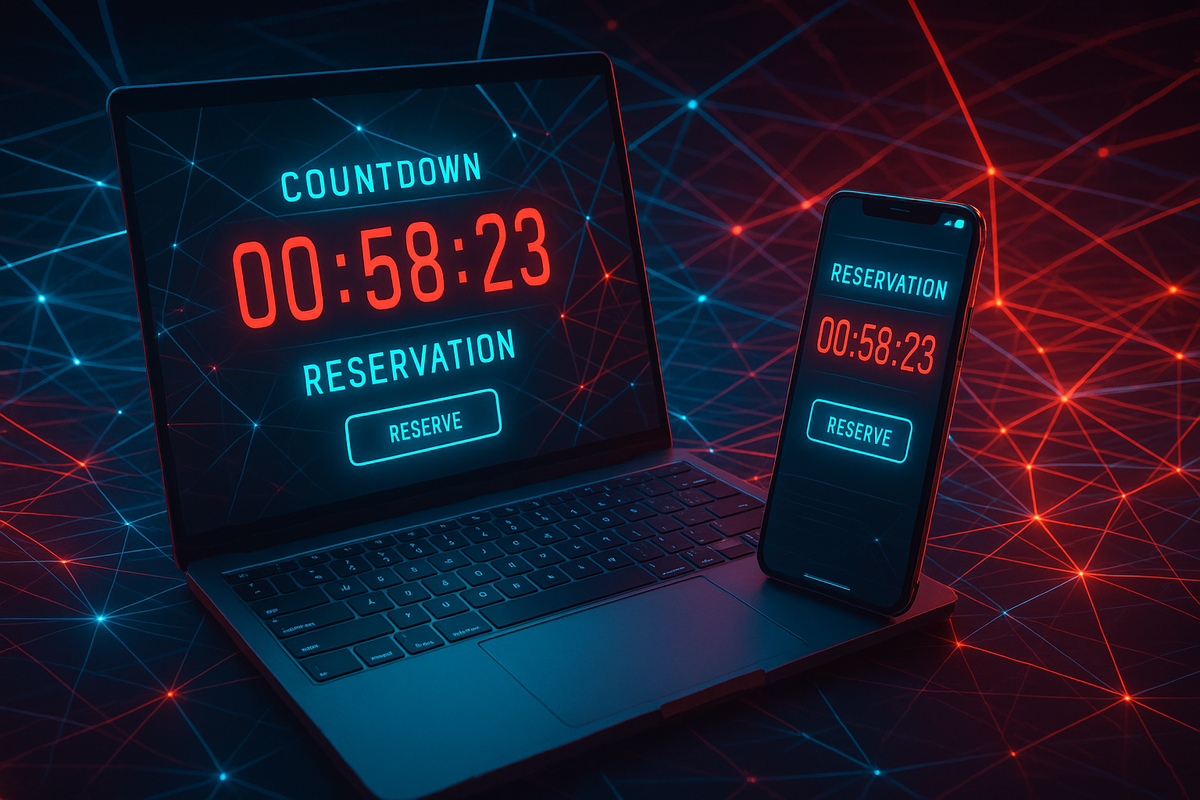 Laptop and smartphone with glowing red countdown timer on a network grid—reservation rush, digital tension, and high-stakes prelaunch excitement
