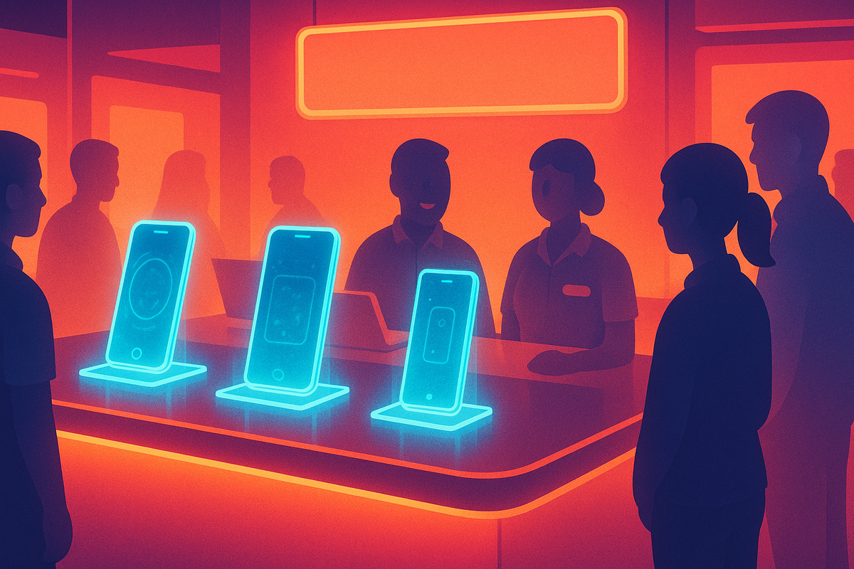 Warm-toned phone store scene with glowing neon display models—human connection, expert guidance, and the thrill of in-person reservations