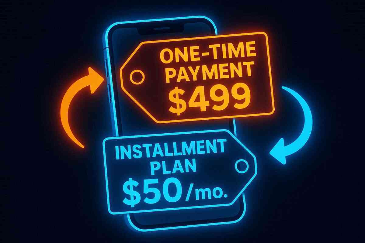 Futuristic neon price tags contrasting $499 one-time vs $50/month installment plan—financial decision-making with vivid clarity and tension