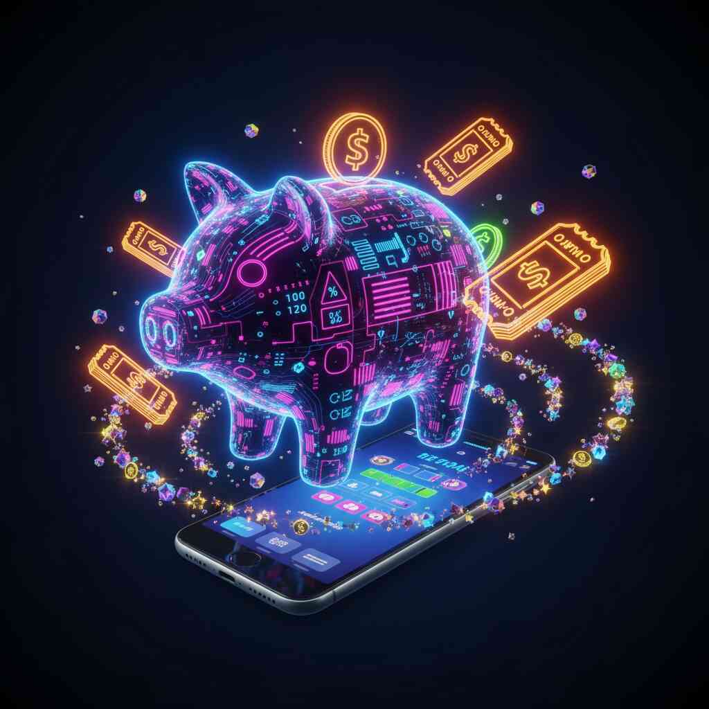 Glowing neon piggy bank bursting with floating discount tickets and digital sparkles—maximizing deals and playful savings energy for tech lovers