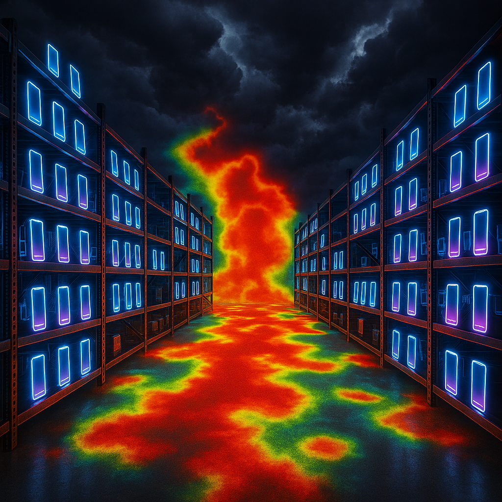 Warehouse aisles filled with neon smartphones and dramatic red heatmap glow—scarcity tension, high-demand chaos, and stock-tracking intensity