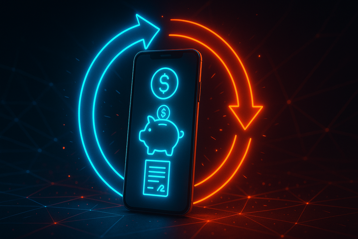 Smartphone with glowing piggy bank icon and neon red-blue arrows—dynamic visual of savings, upgrade cycle, and trade-in program, futuristic energy