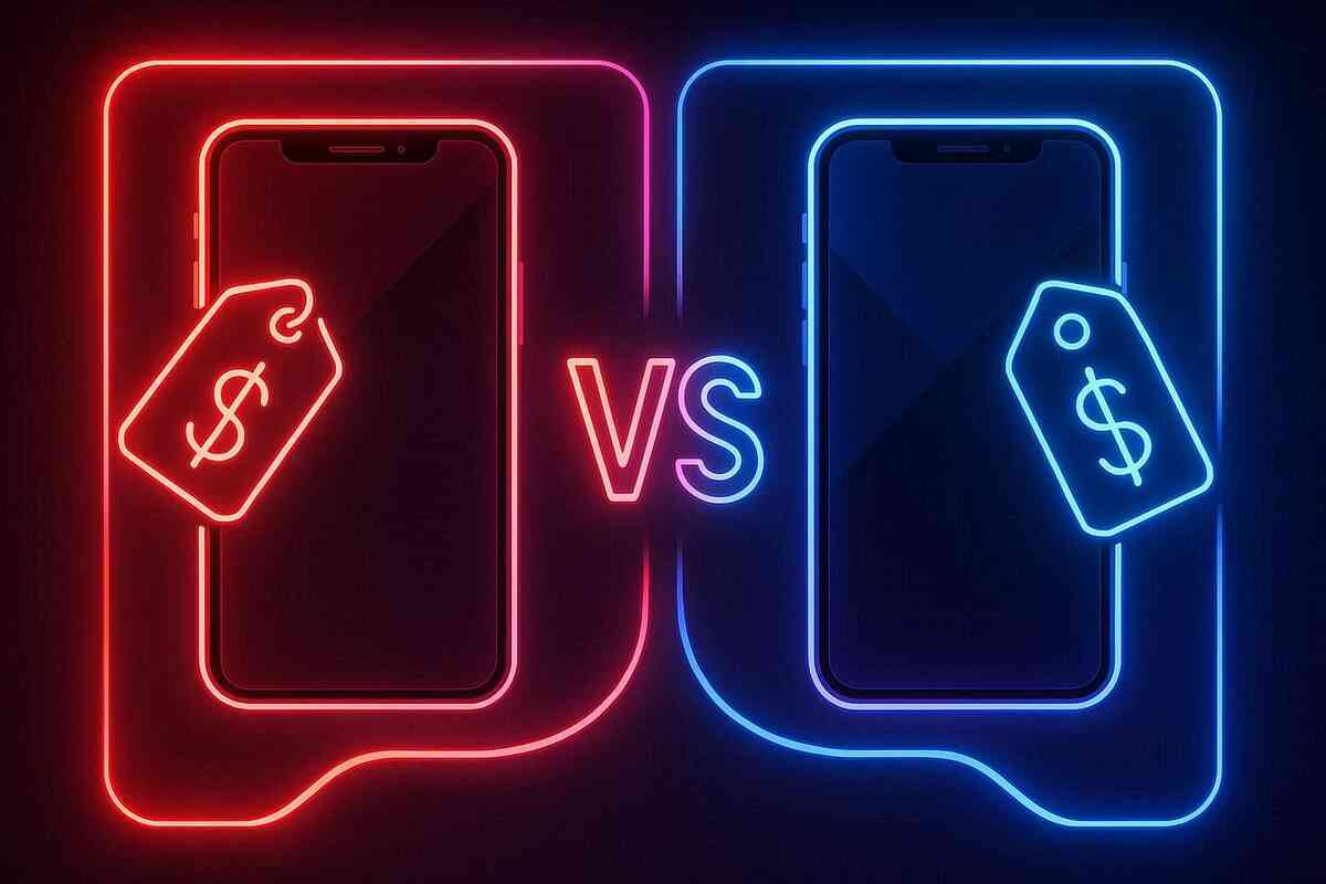Neon VS battle of two smartphones—blue vs red glowing frames, price tags clash, bold contrast design, decisive choice energy