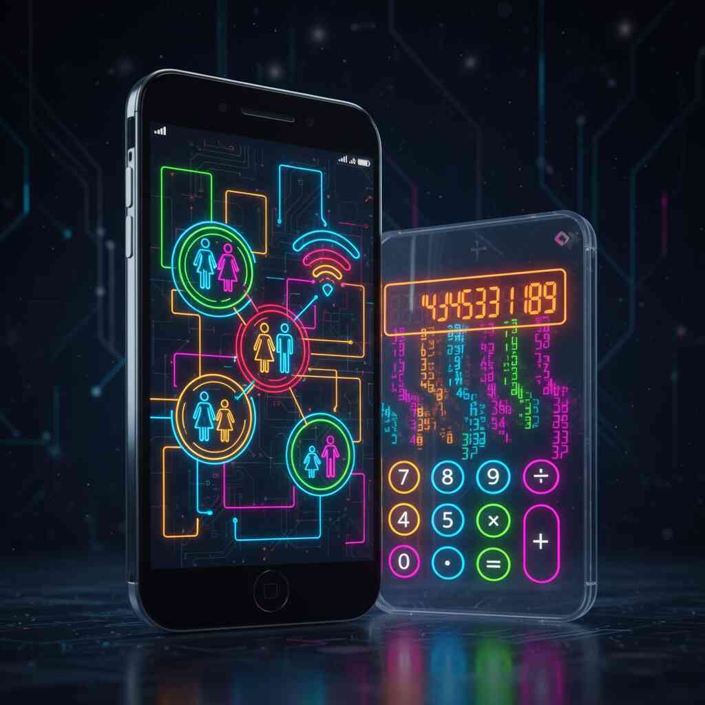 Vivid smartphone with holographic family icons and futuristic calculator—glowing savings calculation, family discount synergy, tech-smart planning
