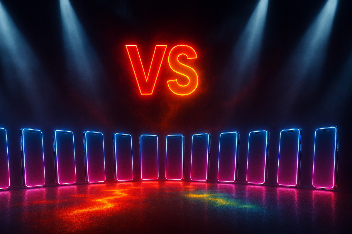 Arena of neon smartphones under spotlights with giant glowing VS—intense price war, carrier comparison showdown, dramatic competition tension