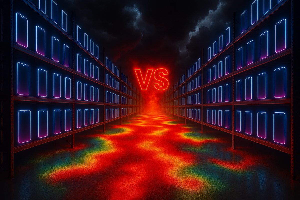 Showdown of glowing smartphone shelves under stormy skies—fiery “VS” in the center, competitive intensity, electrifying shopping battlefield