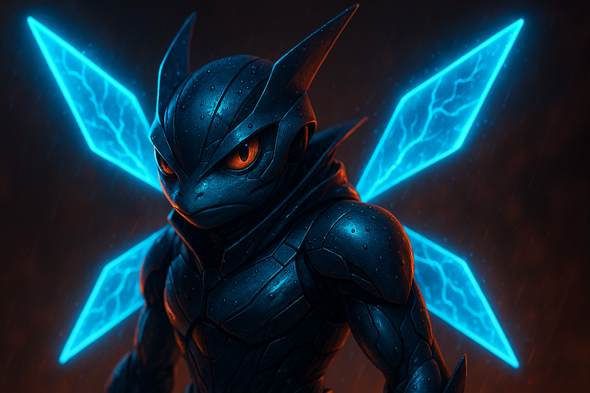 Close-up of a fierce cyber ninja in black armor with glowing icy blue shuriken on shoulders—intense cinematic energy, stealth and power