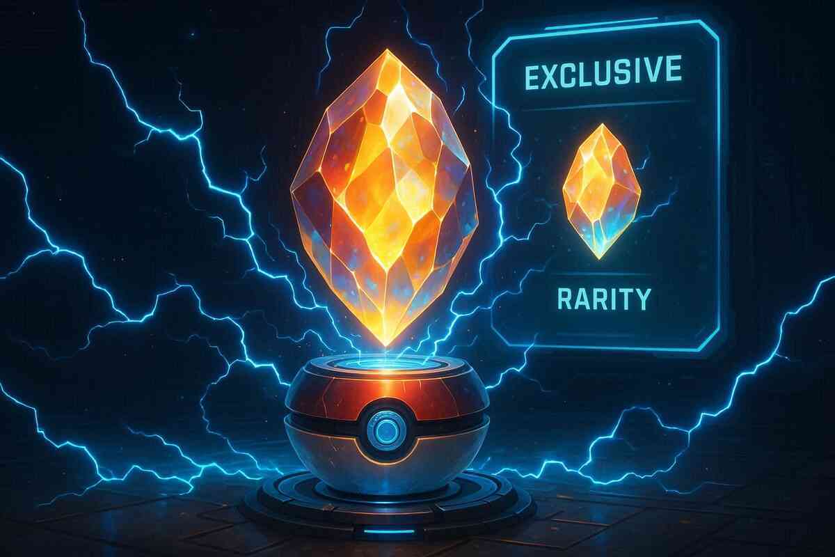 Legendary crystal floating with electric aura in a sci-fi capsule, labeled “Exclusive Rarity”—rare treasure energy, mystical collector’s hype