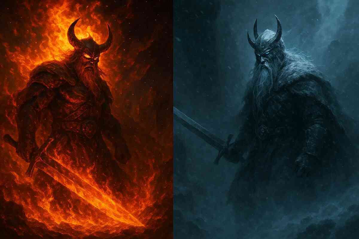 Epic fire vs ice showdown: anime hero on fiery side and armored frog warrior on icy battlefield—clashing elements, legendary rivalry, cinematic heat