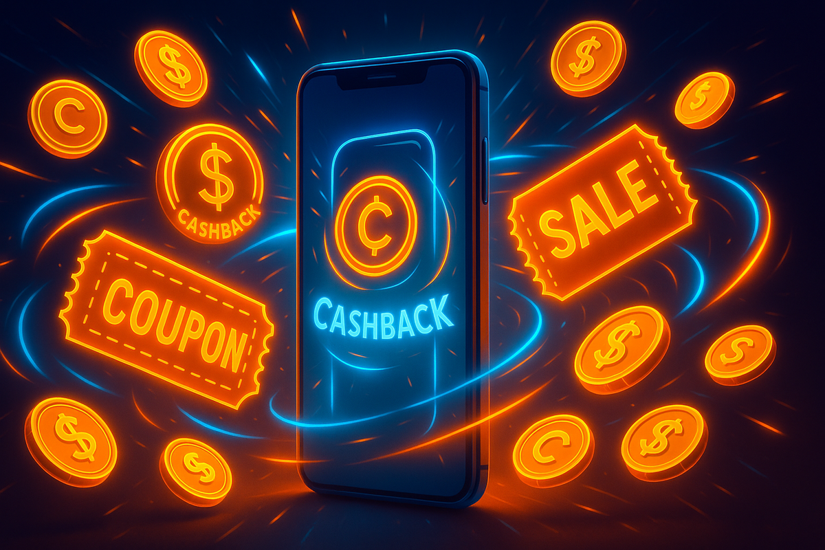 Explosive cashback and coupon icons swirling around a glowing smartphone screen—fiery sale energy, irresistible rewards, and electrifying shopping excitement