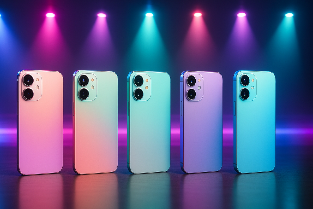 Five sleek smartphones in radiant neon spotlights, glowing gradient colors from lavender to cyan—luxury tech showcase, premium design allure, and trendsetting energy