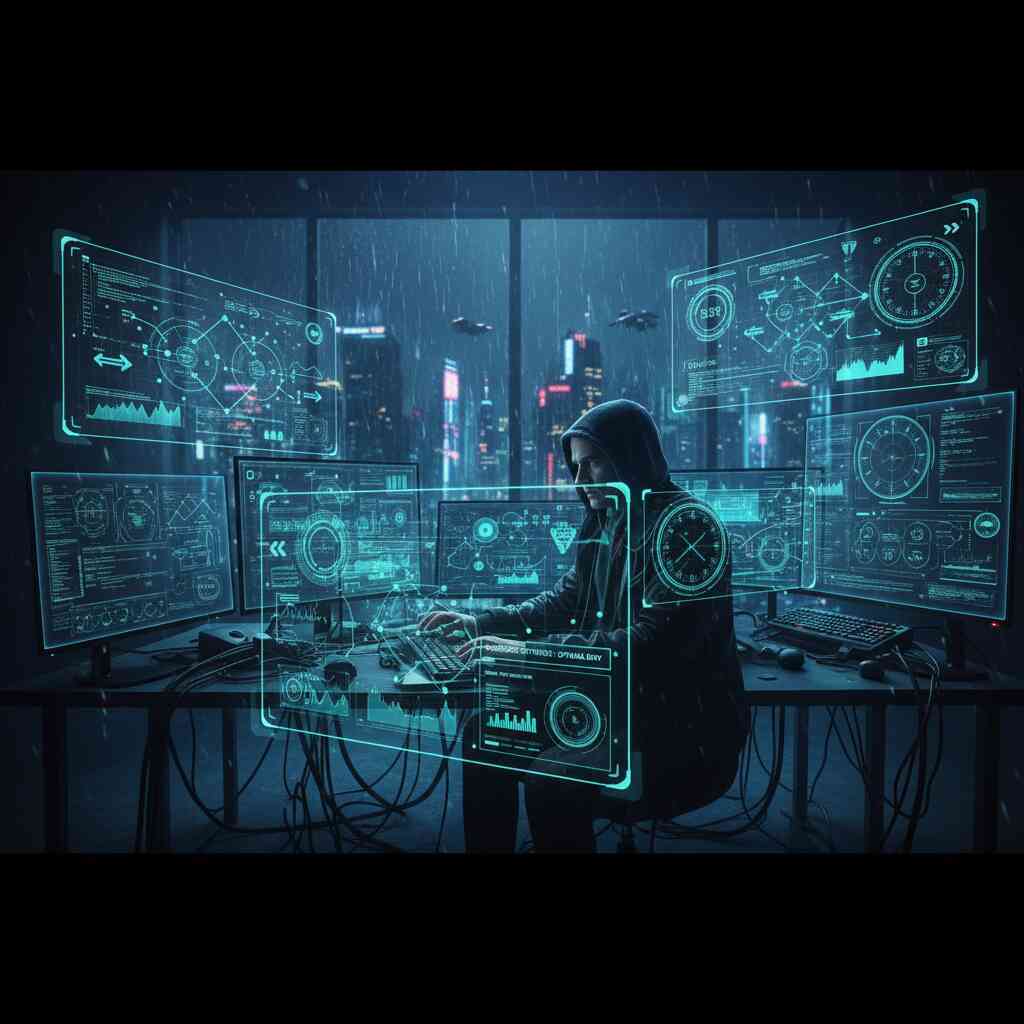 Mysterious hacker-style workstation with glowing holographic screens and stormy city backdrop—dark intrigue, high-stakes security drama, and cinematic cyber vibes