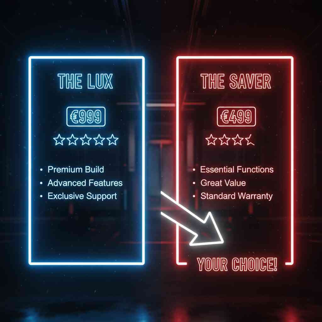 Split-screen neon price comparison chart with bold blue and red columns, glowing stars, and dramatic arrow—clear choice, decisive shopping moment, and powerful visual contrast