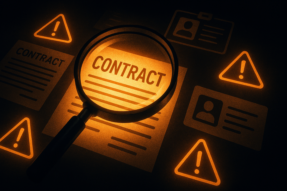 Magnifying glass over glowing contract pages with warning icons and ID cards—intense focus, cautionary drama, and essential fine-print clarity