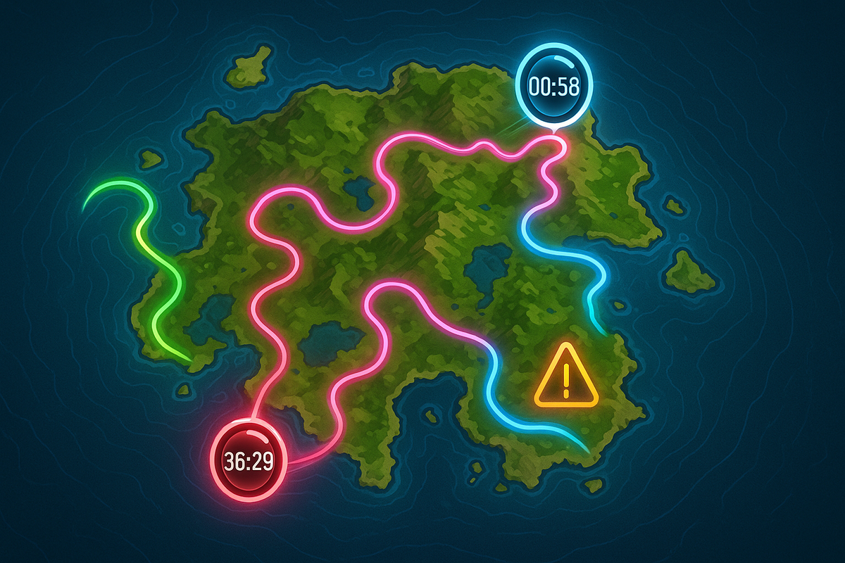 Vibrant topographic game map with glowing countdown timers and caution symbols—intense exploration vibe, adrenaline-packed pathfinding, high-stakes adventure
