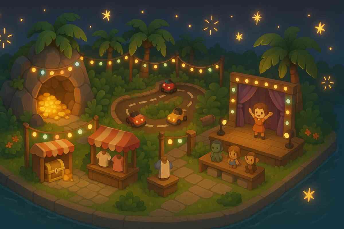 Whimsical night carnival island with treasure cave, market stalls, and a lively stage—magical cozy atmosphere, playful exploration joy, nostalgic wonder