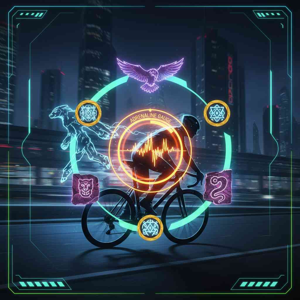 Cyberpunk HUD showing a cyclist surrounded by glowing animal spirit icons and adrenaline gauge—futuristic transformation power, epic hero energy, neon action