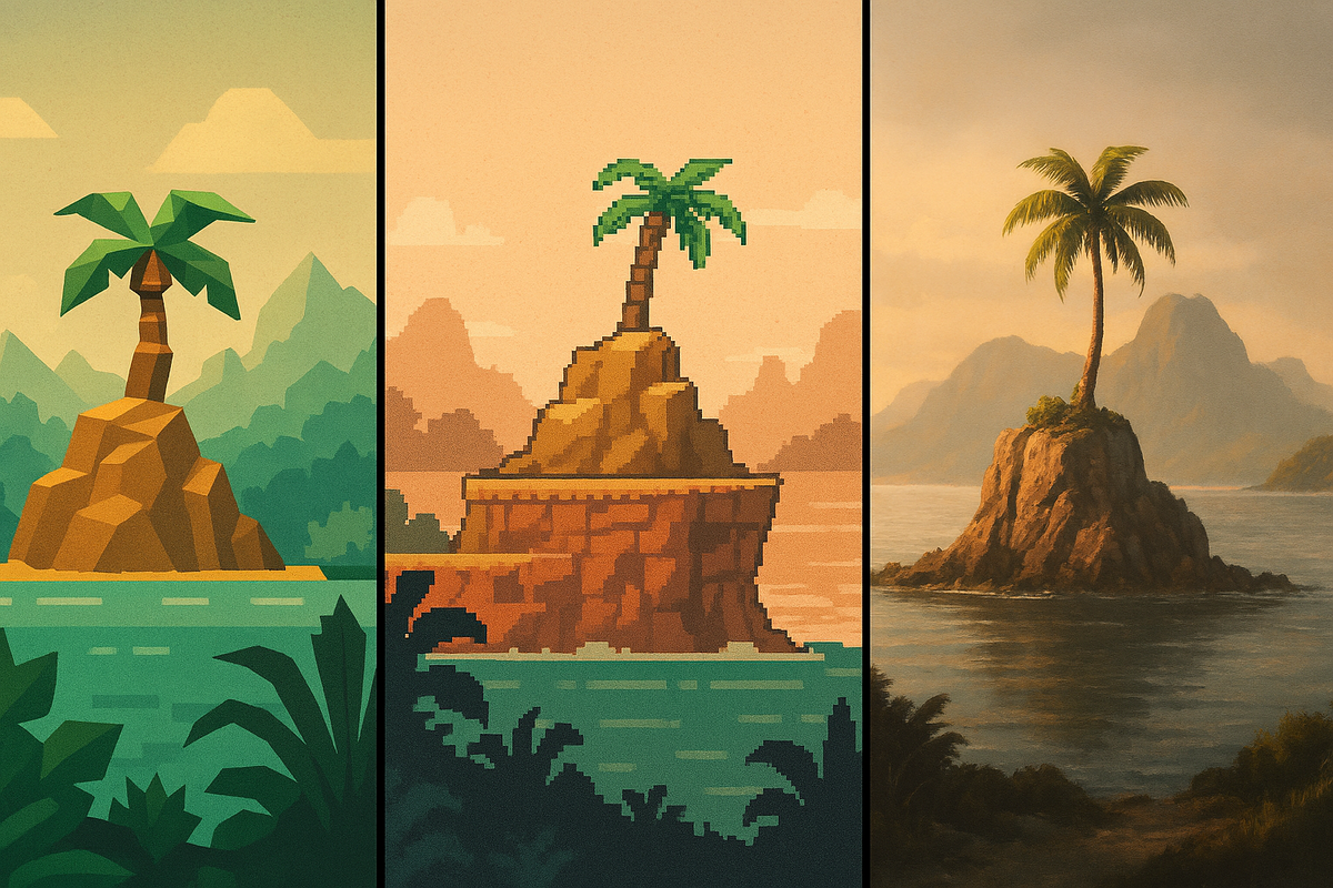 Triple-panel island art evolution from pixel retro to modern realism—visual gaming history, nostalgic glow, masterpiece storytelling in vibrant colors