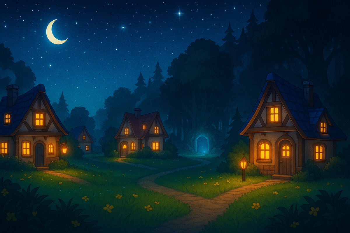 Cozy moonlit village with glowing cottage windows, starlit sky, and mysterious forest path—magical fantasy vibes, warm adventure energy, enchanting night calm