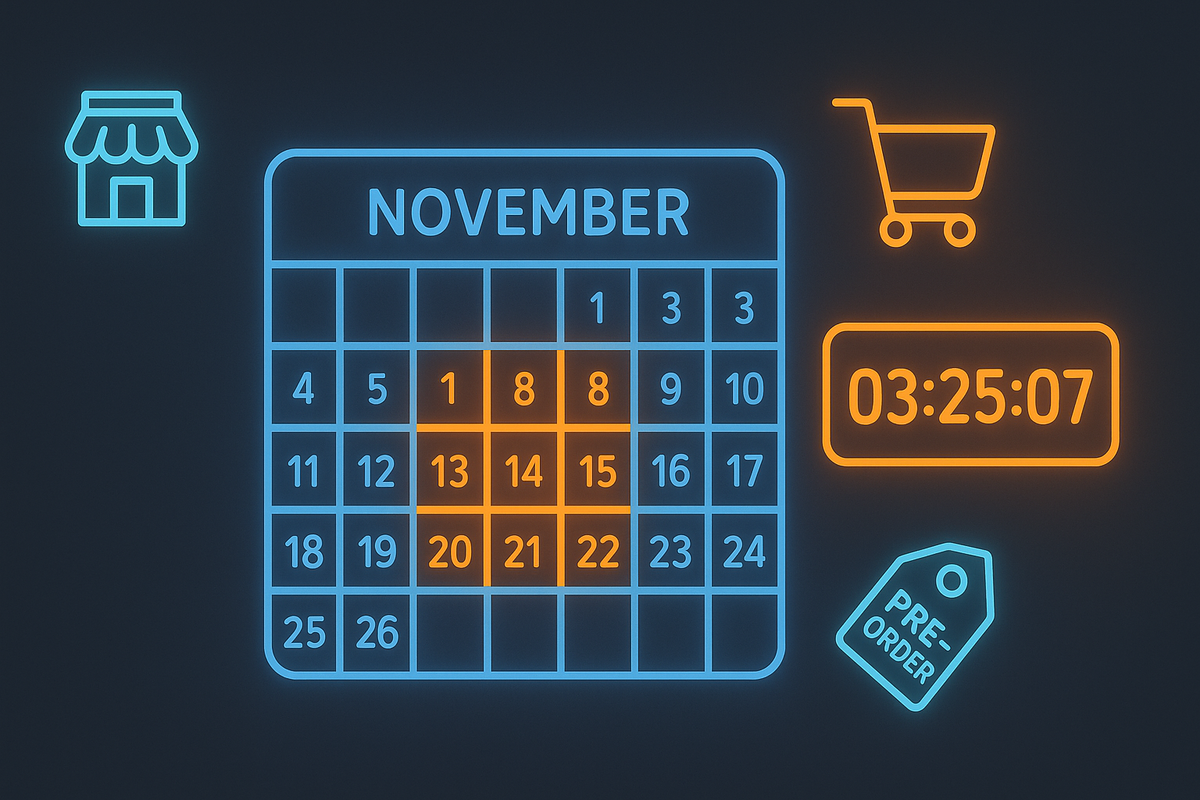 Neon November calendar glowing with preorder dates, shopping cart icon, and countdown timer—urgent gaming launch energy, futuristic schedule planning