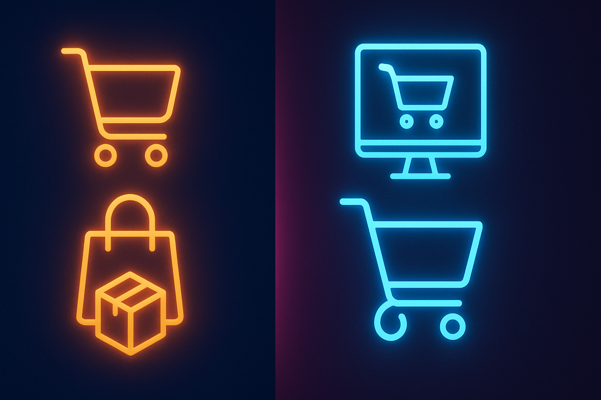 Split-screen glowing icons of in-store and online shopping carts—bright cyber neon tones, modern purchase path choices, sleek tech energy