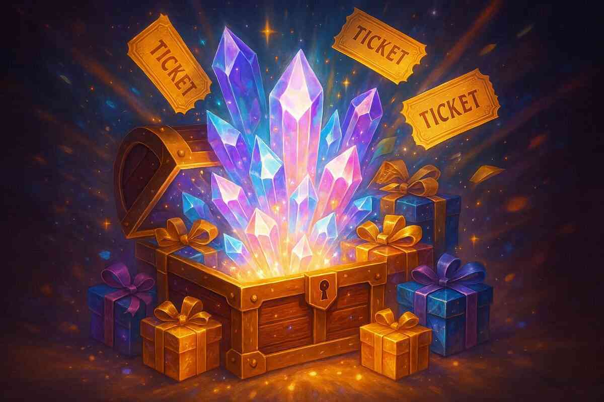 Treasure chest bursting with glowing rainbow crystals, golden tickets, and wrapped gifts—fantasy lootbox thrill, magical reward energy, irresistible excitement