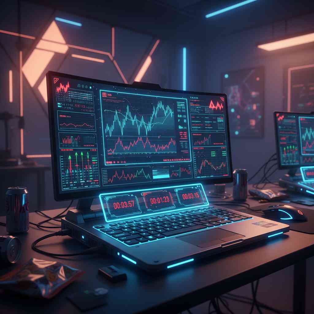 Futuristic gaming laptop glowing with charts, countdown timers, and neon alarms—intense preorder race vibes, tech command center tension